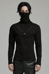 Blouse Punk pour Homme à Manches Longues Noires avec Rivets et Masque Indétachable en Maille